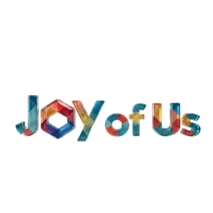 Farbenfroher 3D-Schriftzug „Joy of Us“ in moderner Glasoptik mit geometrischen Mustern und transparenten Effekten.