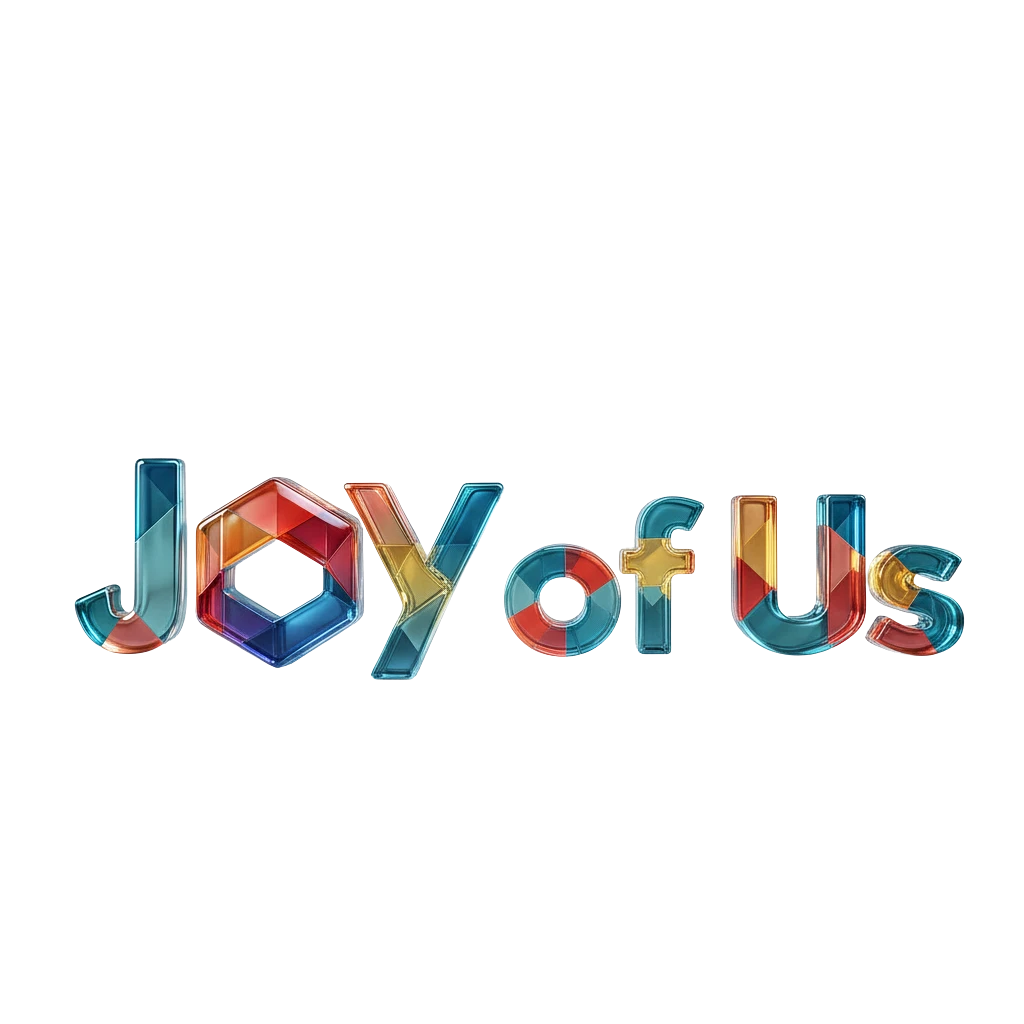 Farbenfroher 3D-Schriftzug „Joy of Us“ in moderner Glasoptik mit geometrischen Mustern und transparenten Effekten.