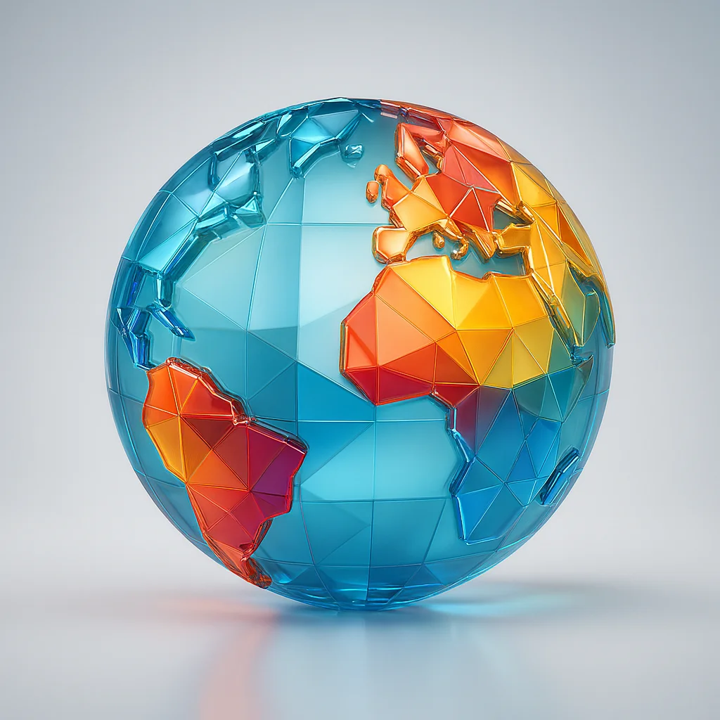 Abstrakte 3D-Weltkugel aus Glas mit geometrischen Flächen und farblich hervorgehobenen Kontinenten in Blau, Gelb, Orange und Rot.